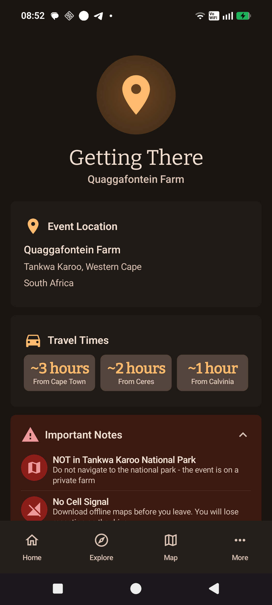 Directions screen with GPS coordinates and travel times
