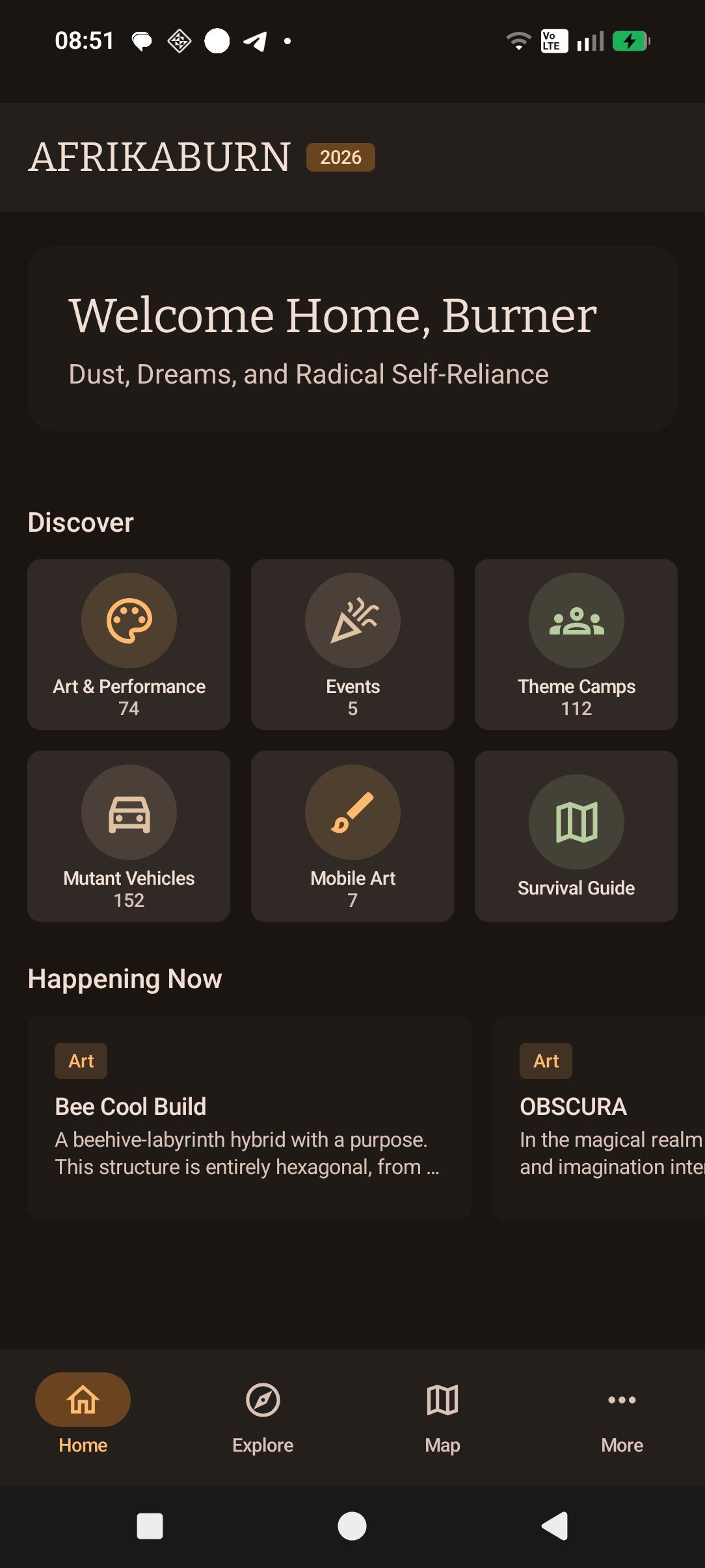 AfrikaBurn Companion app home screen showing event categories and navigation