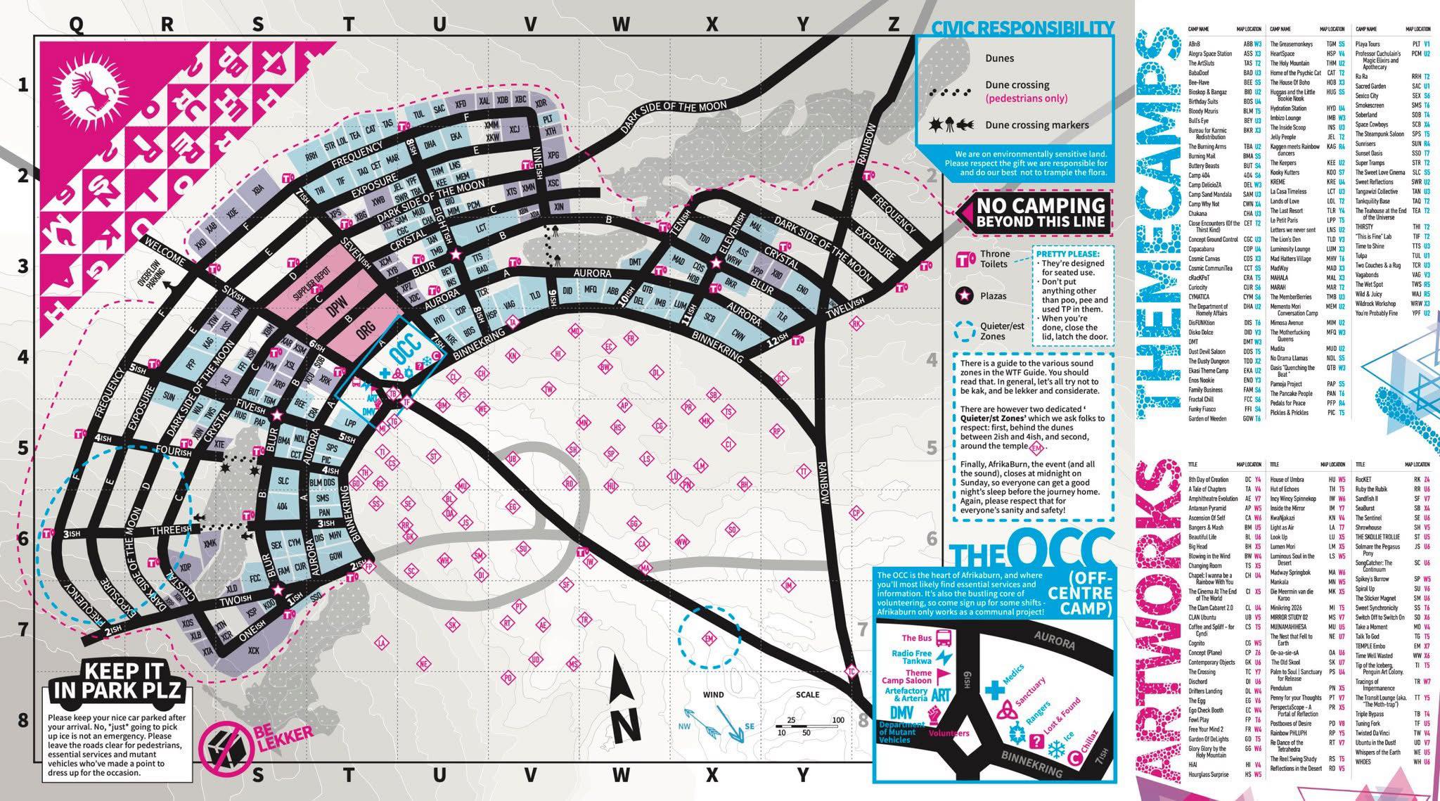 AfrikaBurn 2026 map — Binnekring, theme camps, art and services