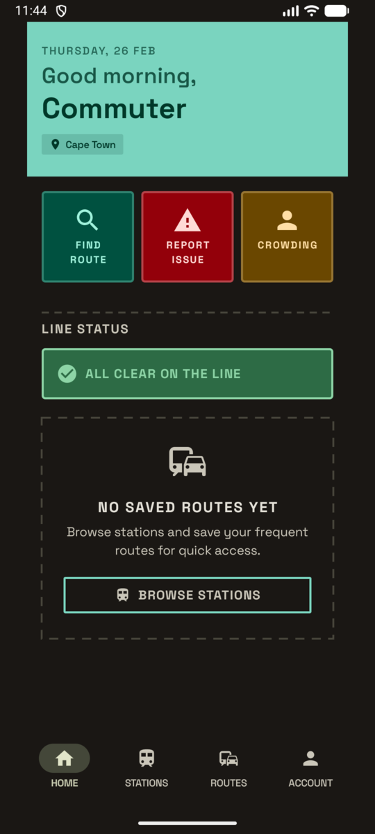 Commute Check home screen showing line status and quick actions