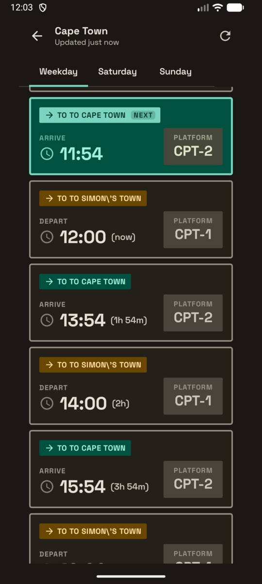 Train schedule showing departure and arrival times with platforms