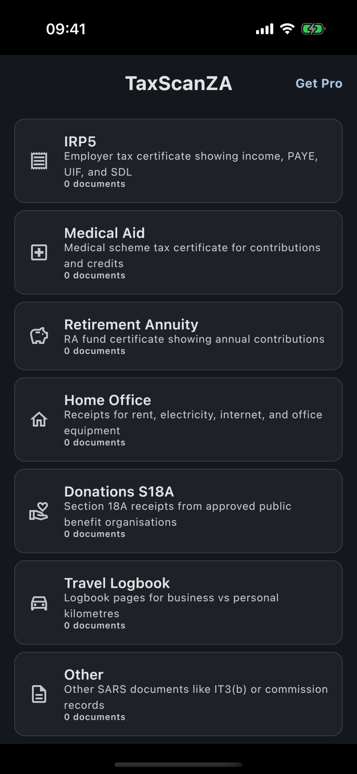 Document list organised by tax document categories